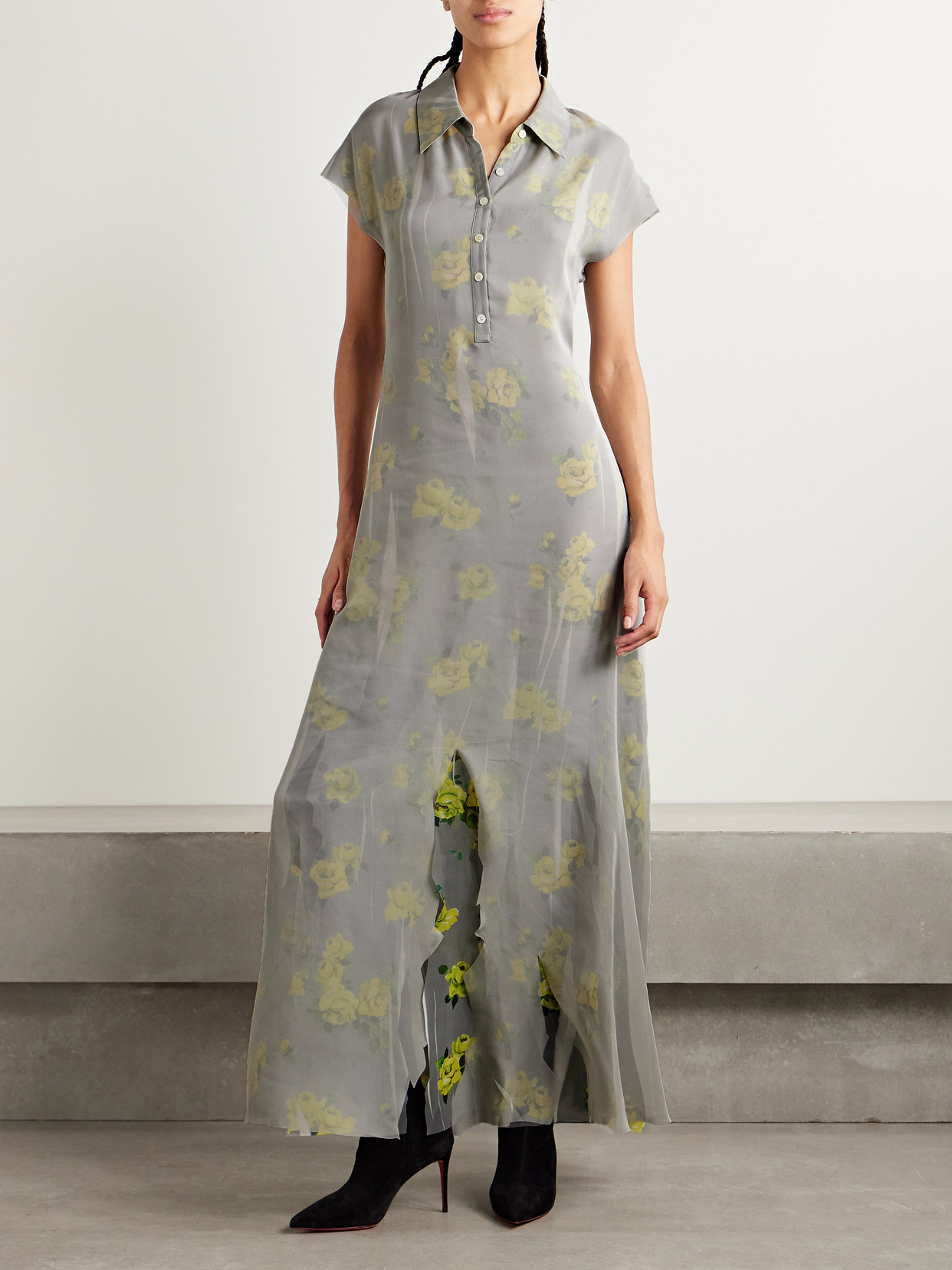 Acne Studios Layered Chiffon And Floral-print Crepe Maxi Dress In Gray