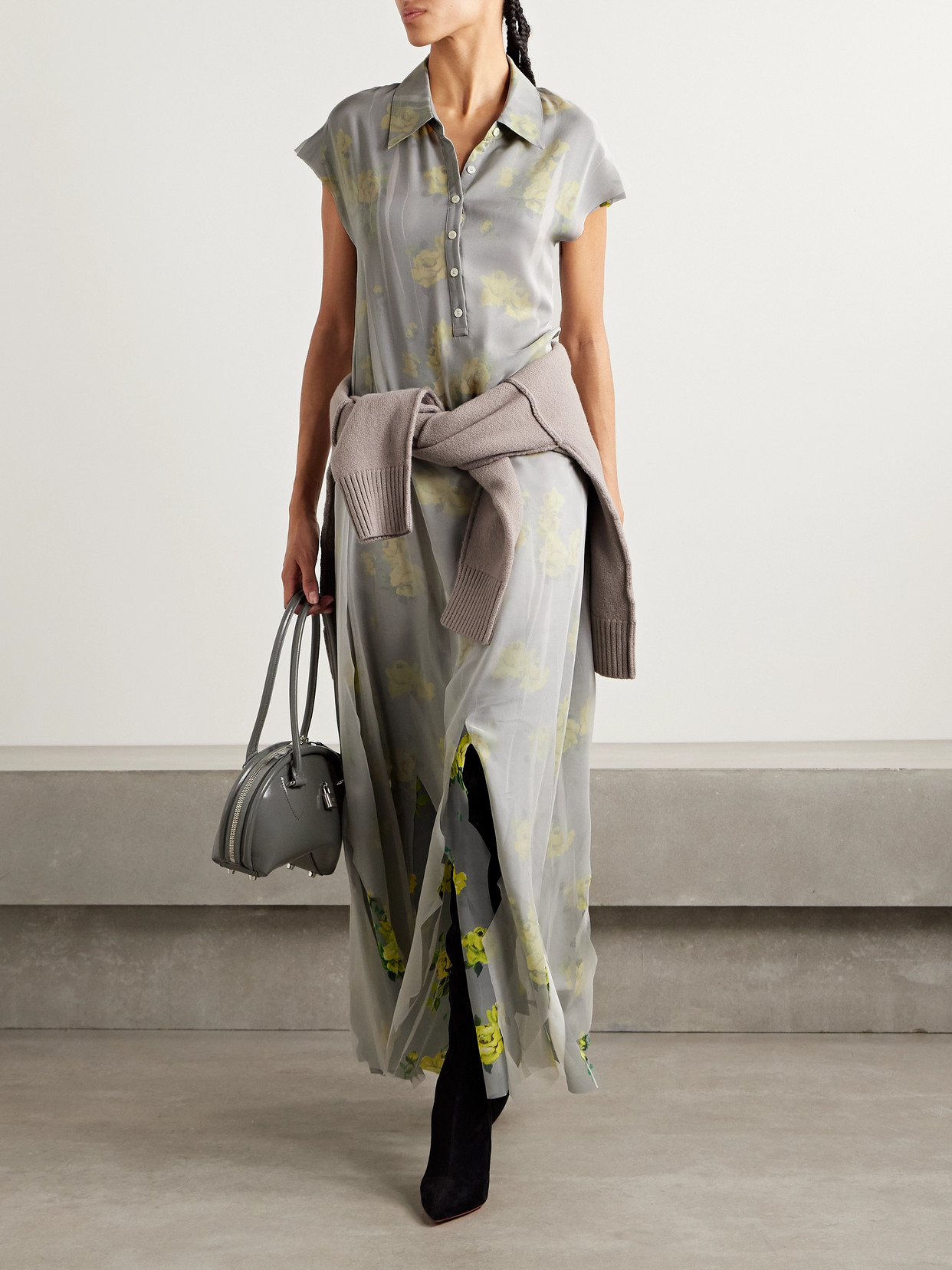 Acne Studios Layered Chiffon And Floral-print Crepe Maxi Dress In Gray