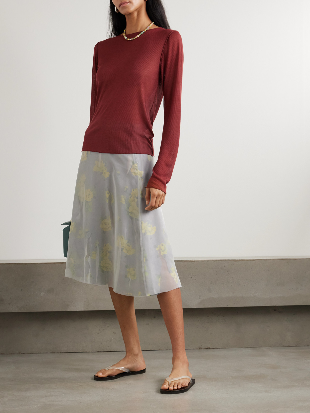 Acne Studios Layered Distressed Chiffon And Floral-print Crepe Skirt In Gray