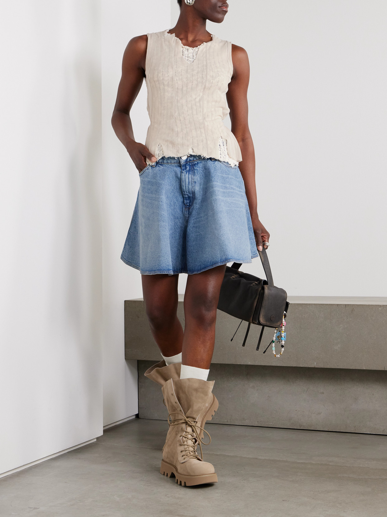 OUR LEGACY RAGGED DISTRESSED MESH AND COTTON-BLEND CROCHET TANK