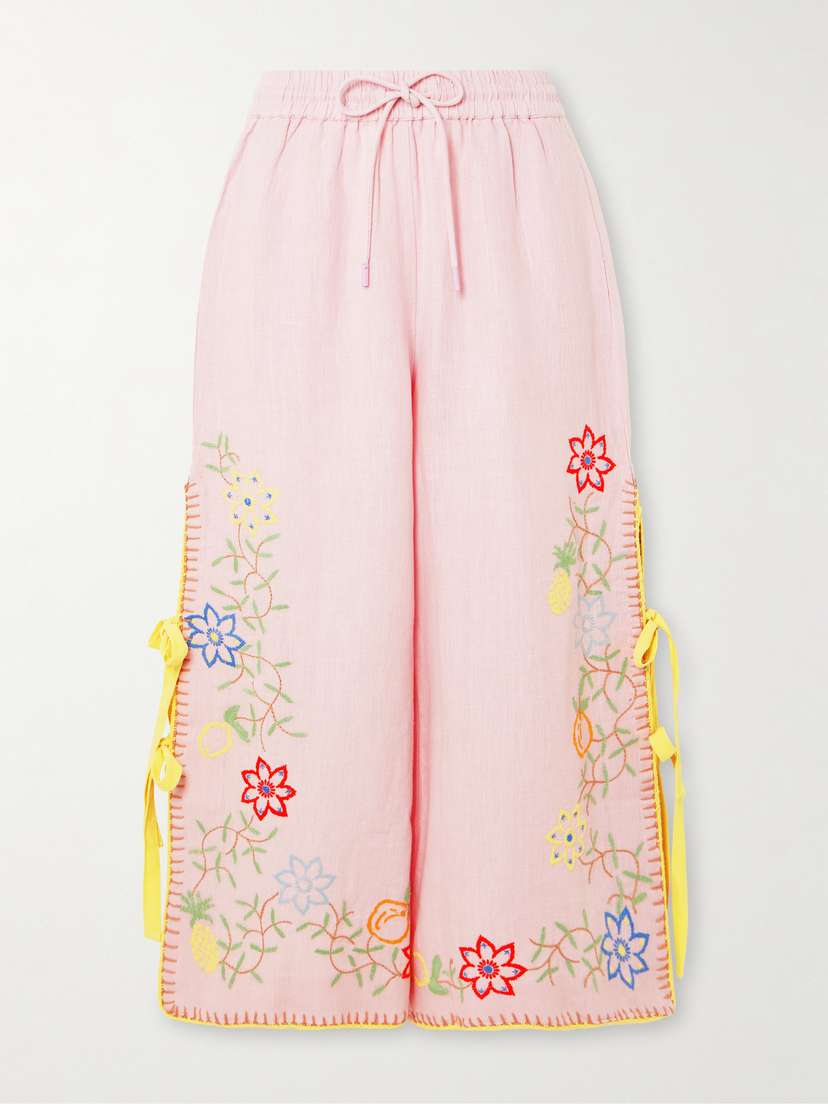 ALEMAIS Olivia Tie-detailed Embroidered Linen Wide-leg Pants