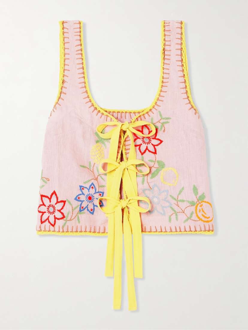 ALEMAIS Olivia Tie-detailed Embroidered Linen Top