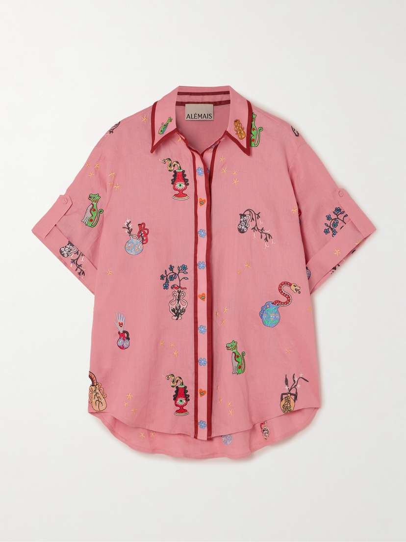 ALEMAIS + Nadia Hernandez Timmy Oversized Embroidered Printed Linen Shirt