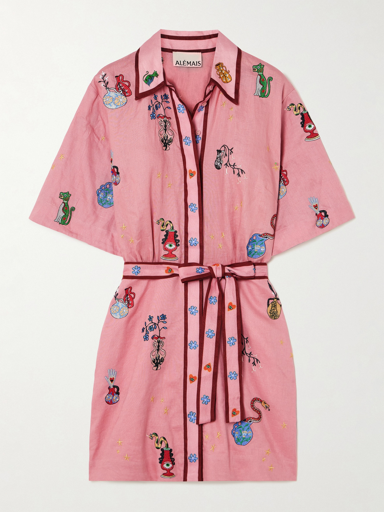ALÉMAIS - + Nadia Hernandez Timmy Belted Embroidered Printed Linen Mini Shirt Dress - Pink