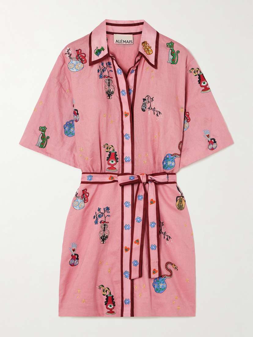 ALEMAIS + Nadia Hernandez Timmy Belted Embroidered Printed Linen Mini Shirt Dress