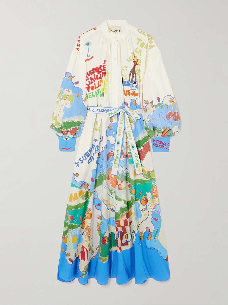 + nadia hernández belted printed organic cotton shirt dress