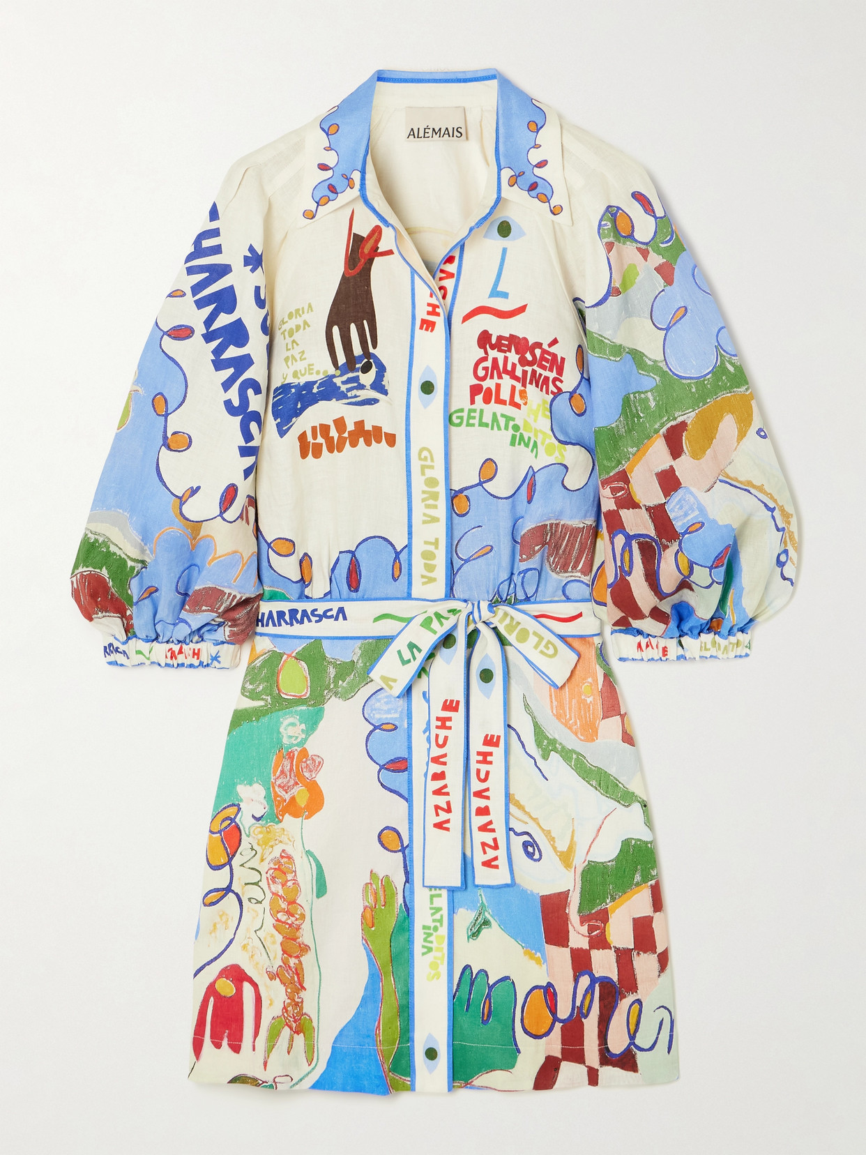 Alemais + Nadia Hernandez Belted Printed Linen Shirt Dress In Cream