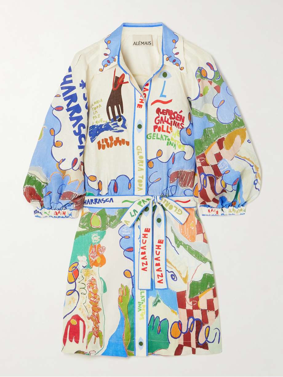 + nadia hernandez belted printed linen shirt dress