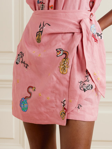 Almais - + Nadia Hernandez Timmy wrap-effect embroidered linen mini skirt  | Plush