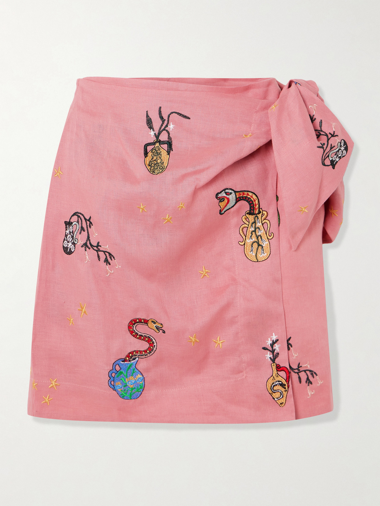 Shop Alemais + Nadia Hernandez Timmy Wrap-effect Embroidered Linen Mini Skirt In Pink