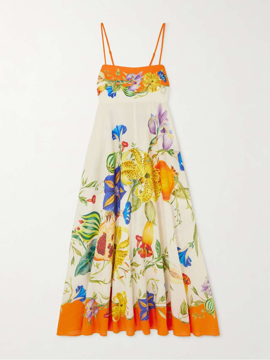 flores floral-print smocked linen midi dress