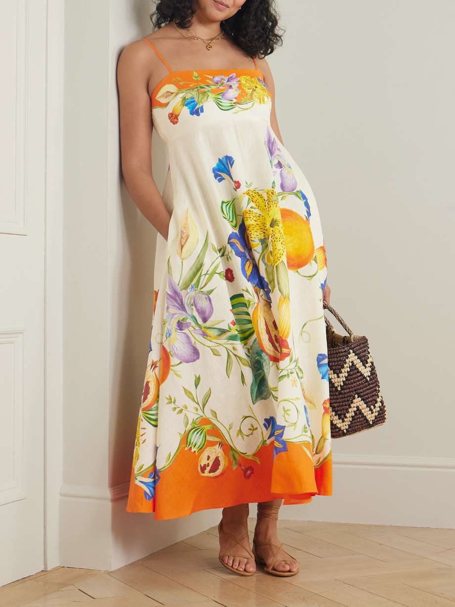 Alémais Flores Floral-Print Smocked Linen Midi Dress