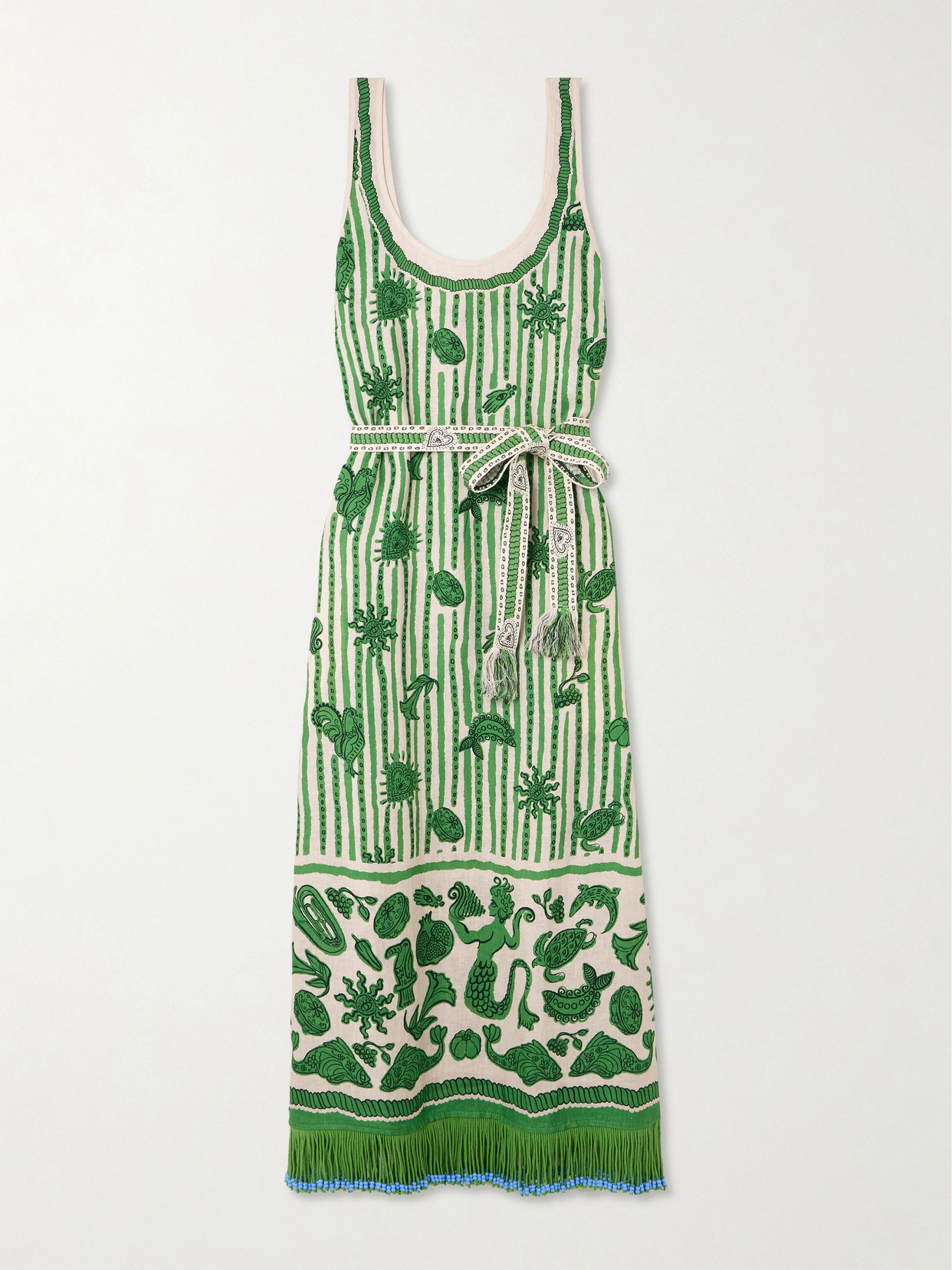 Shop Alemais Lula Belted Fringed Embellished Printed Cotton And Silk-blend Midi Dress In Green