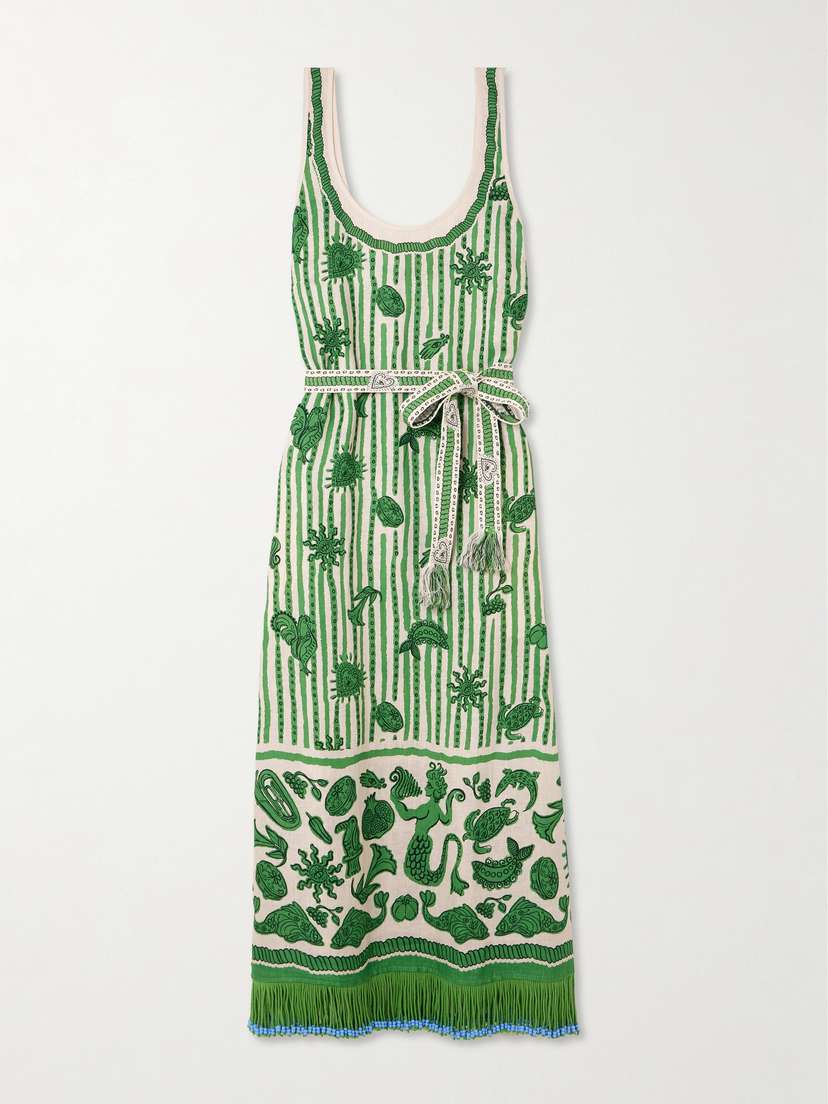 ALEMAIS Lula Belted Fringed Embellished Printed Cotton And Silk-blend Midi Dress