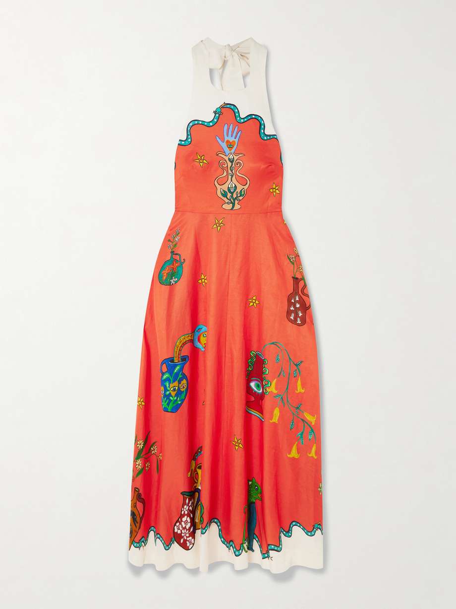 rose printed twill maxi halterneck dress
