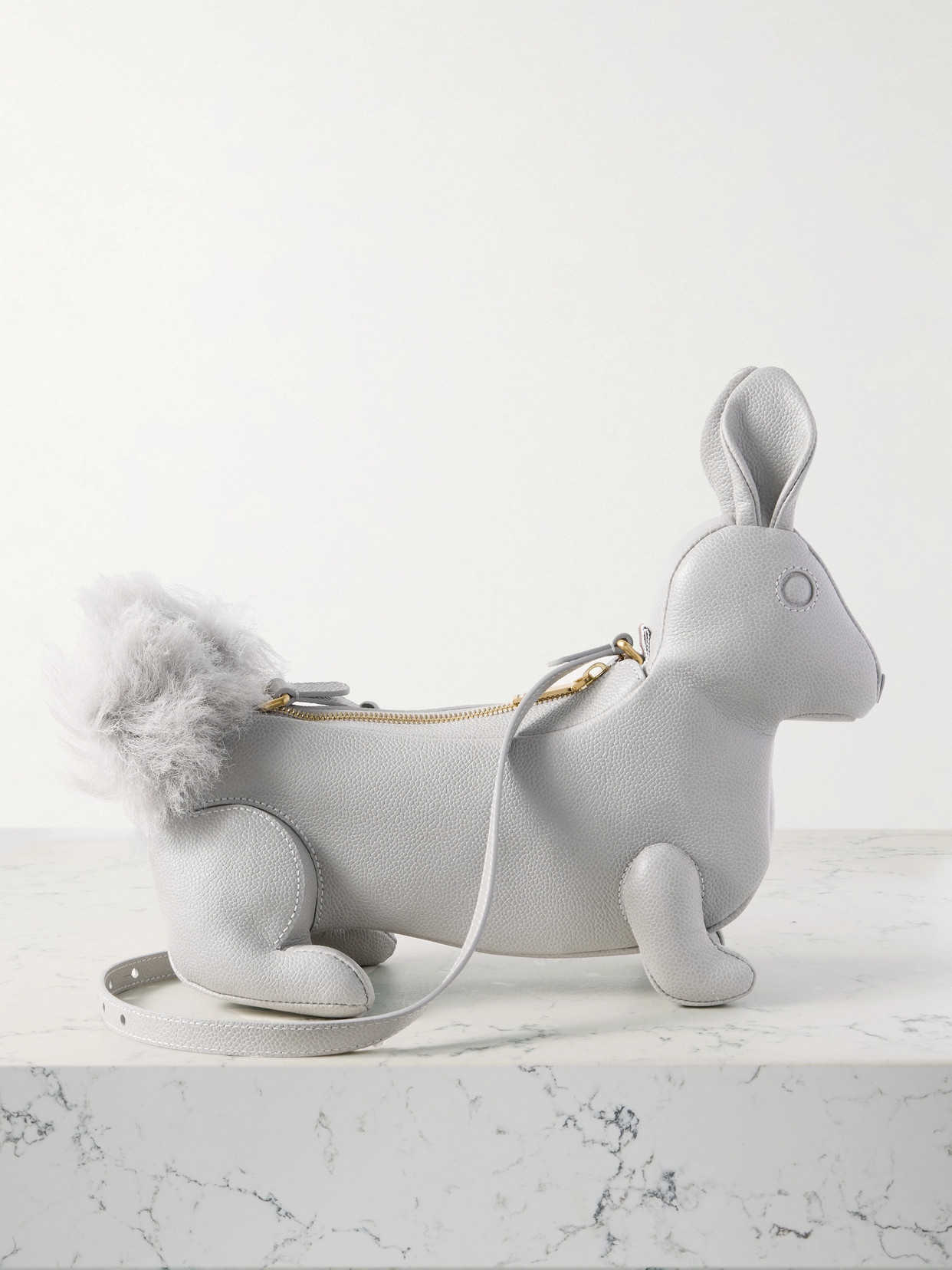Thom Browne Rabbit Plush-trimmed Textured-leather Shoulder Bag In Gray