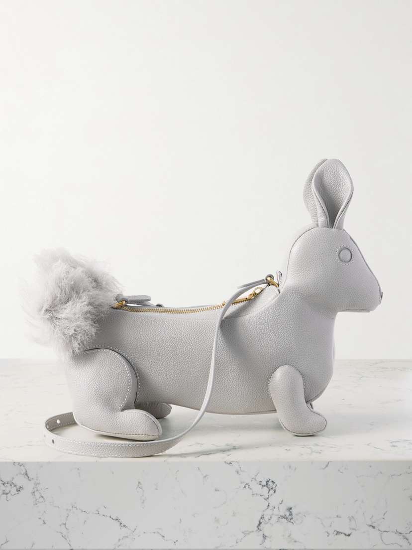 Thom Browne Rabbit Plush-trimmed Textured-leather Shoulder Bag