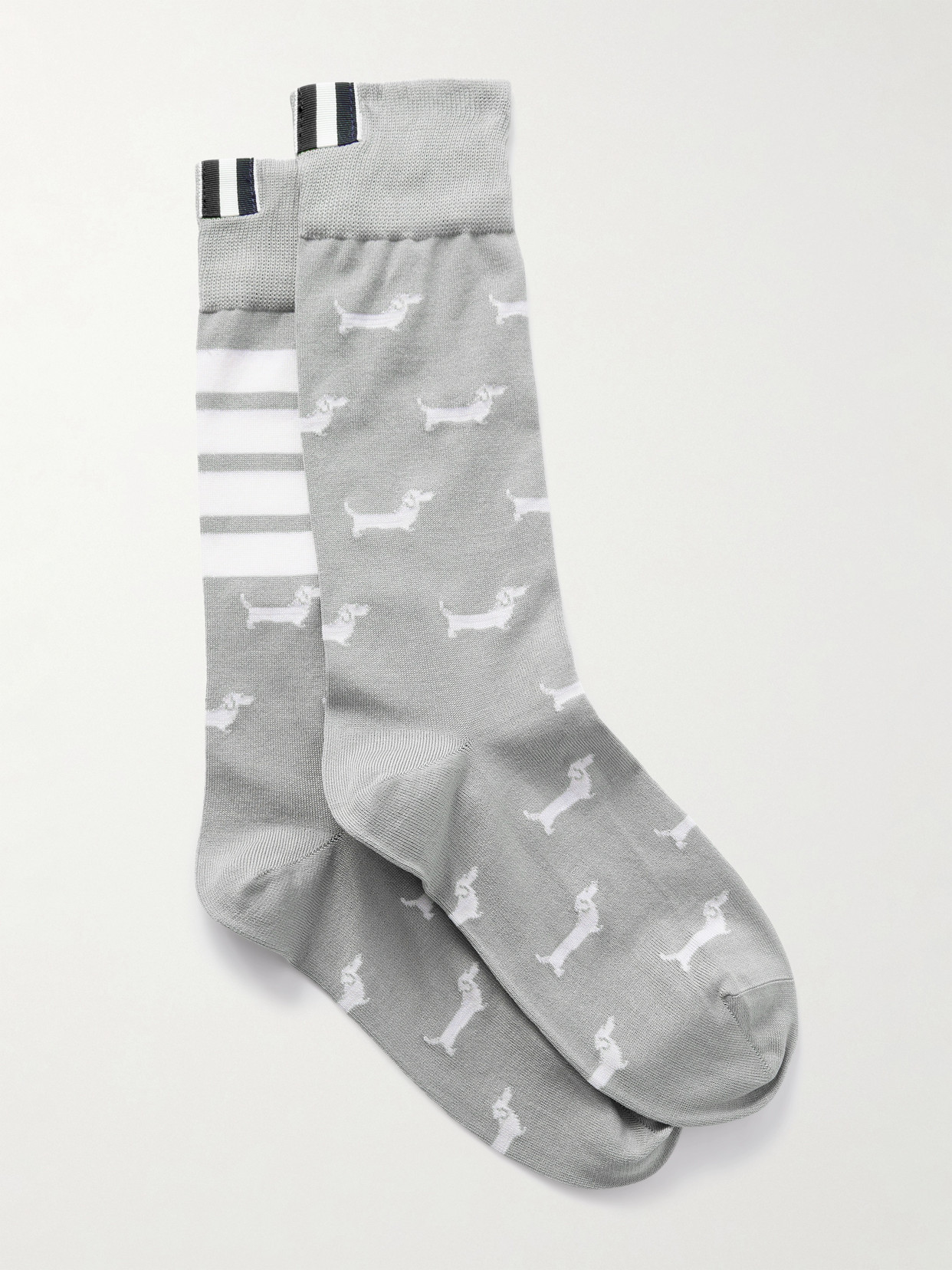 Thom Browne Hector Grosgrain-trimmed Jacquard-knit Cotton-blend Socks In Gray
