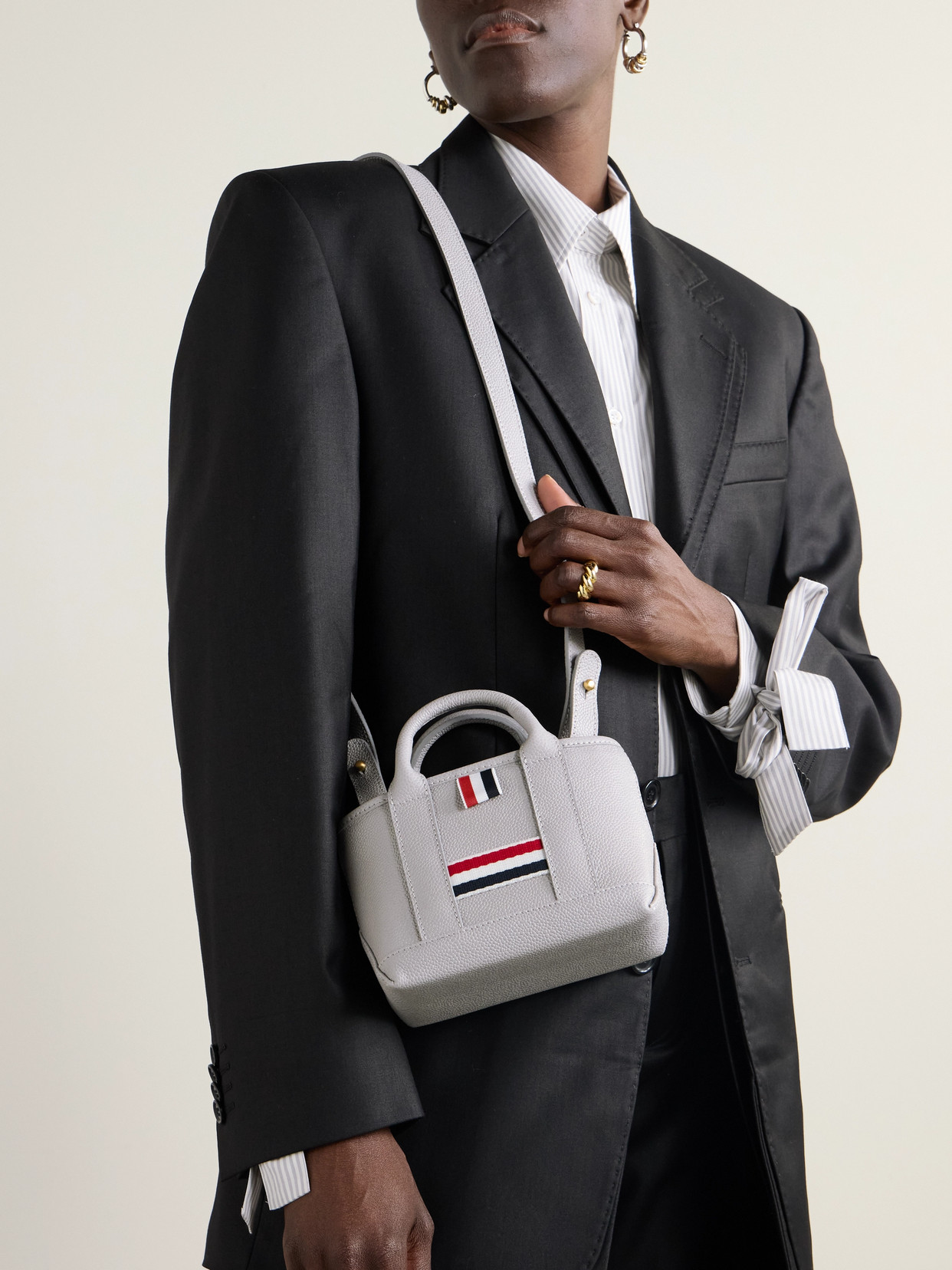 Thom Browne Tool Micro Grosgrain-trimmed Textured-leather Tote In Gray