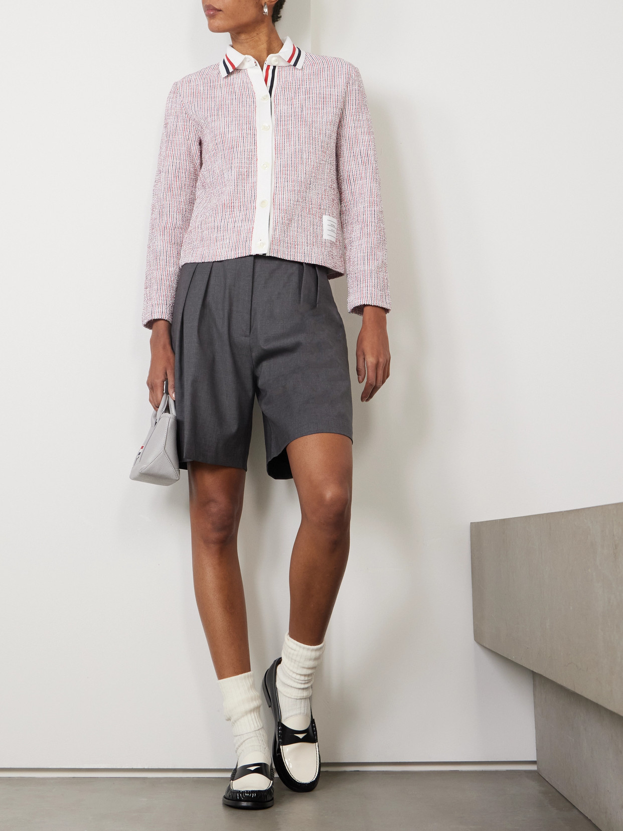 Thom Browne Striped Cotton-blend Tweed Cardigan In Pink