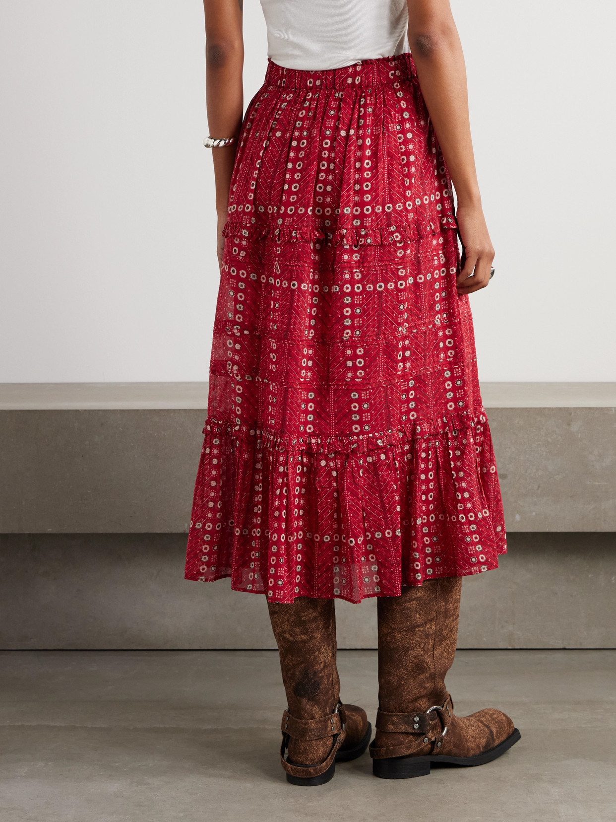 Shop Isabel Marant Étoile Diya Tiered Printed Cotton-voile Midi Skirt In Red