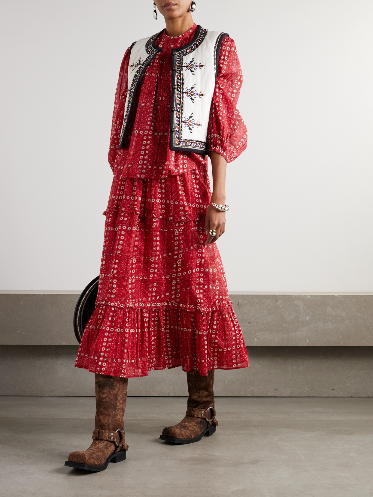 Shop Isabel Marant Étoile Diya Tiered Printed Cotton-voile Midi Skirt In Red