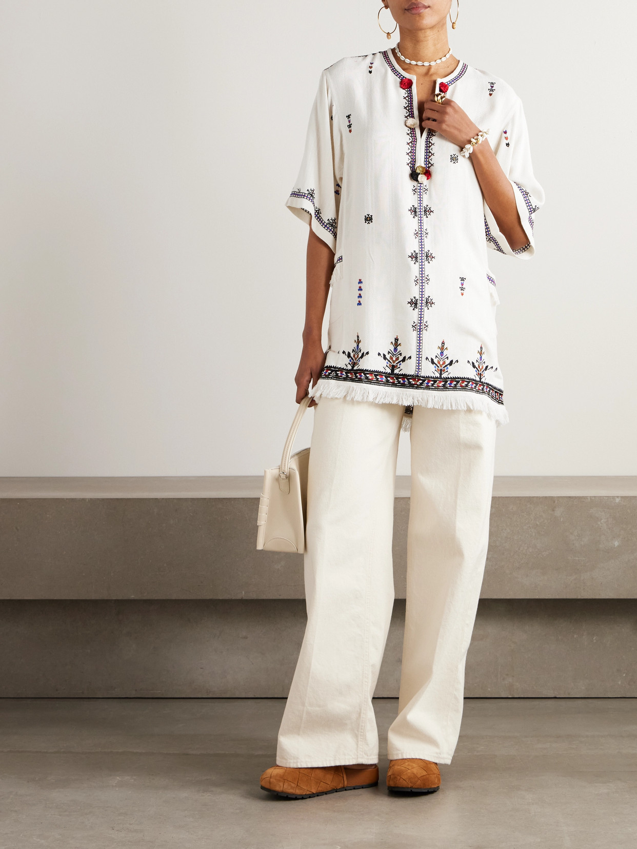 Isabel Marant Étoile 'kressy' White Dress With All-over Embroidery And Frayed Edge In Beige