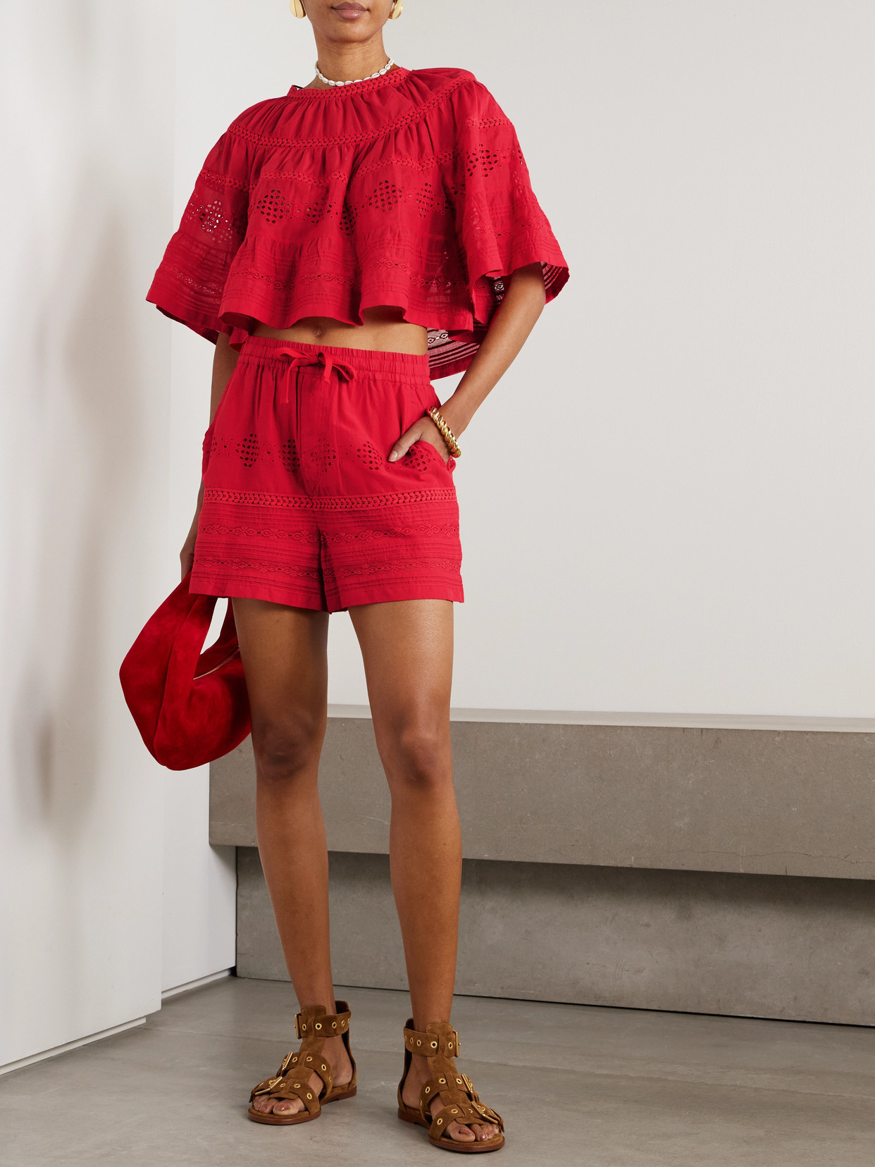 Isabel Marant Étoile Dilama Crochet-trimmed Broderie Anglaise Organic Cotton-voile Blouse In Red