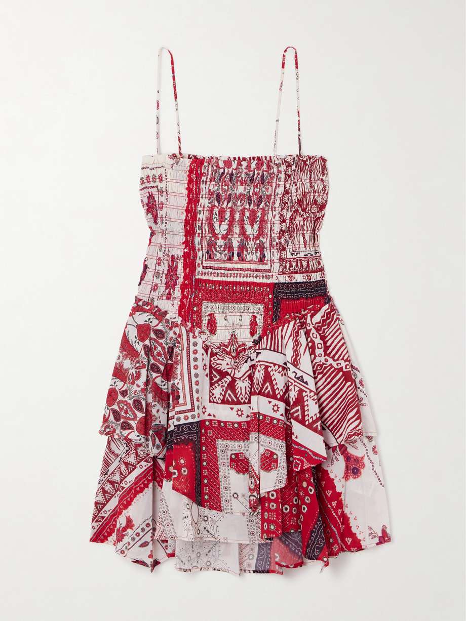 anka tiered smocked bandana-print cotton mini dress