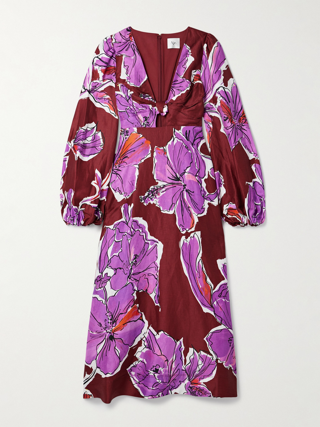 Aje Inflorescence Gathered Floral-print Linen-blend Midi Dress In Purple