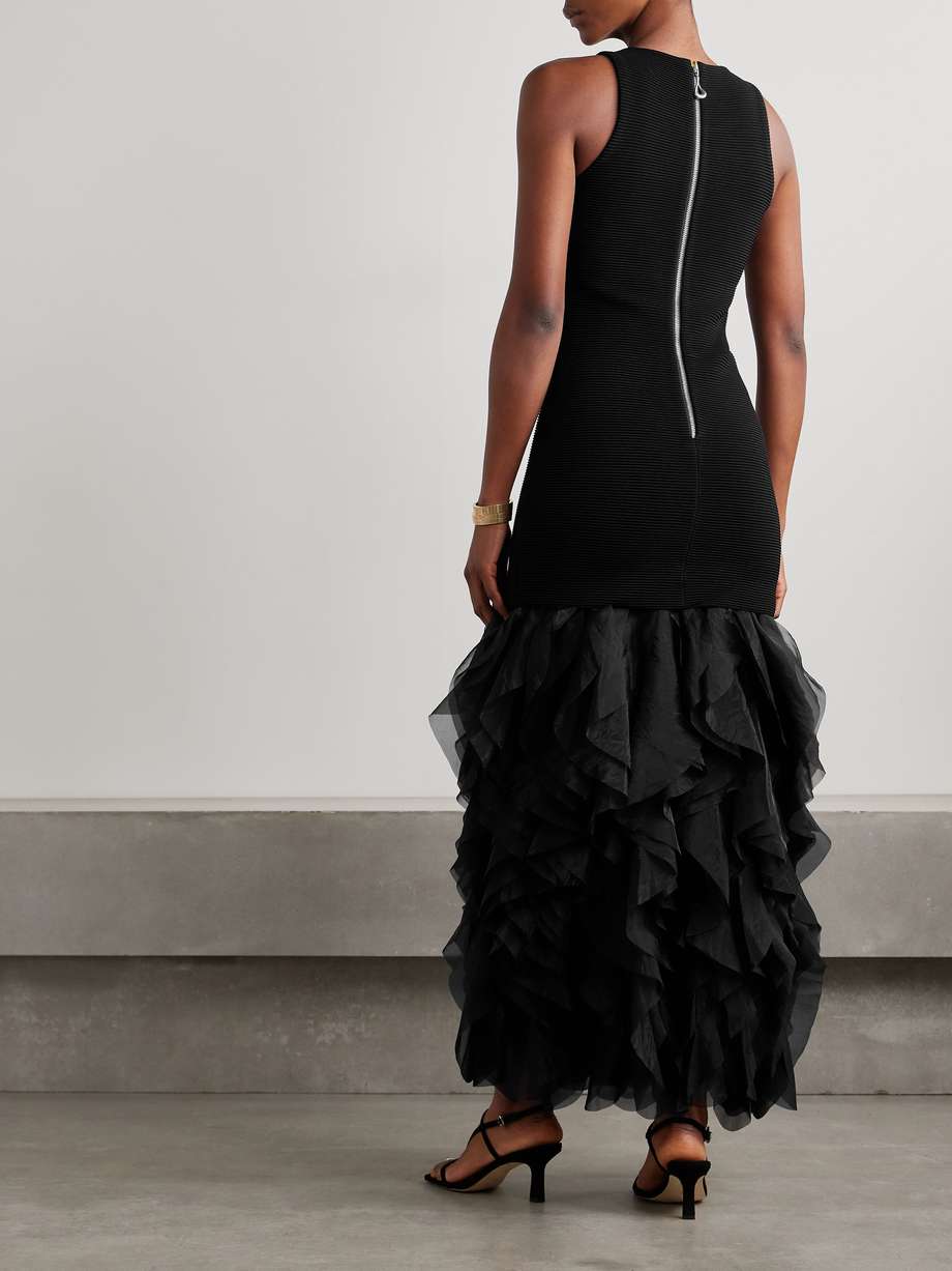 elations ribbed-knit and ruffled organza maxi dress