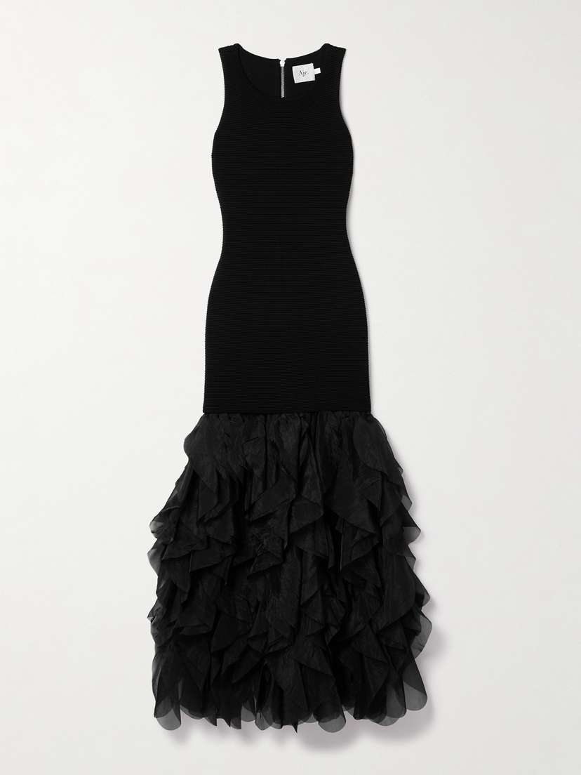 Aje Elations Ribbed-knit And Ruffled Organza Maxi Dress