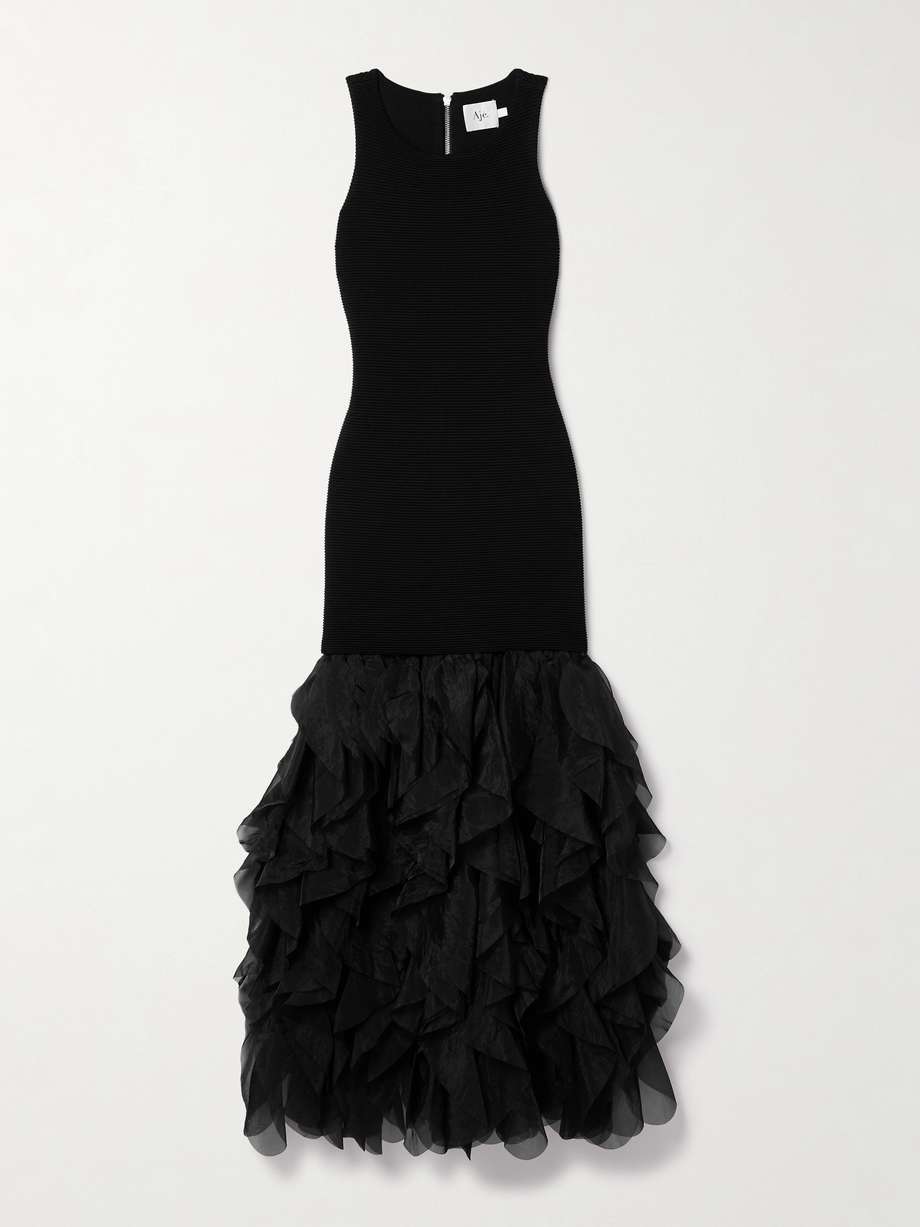 elations ribbed-knit and ruffled organza maxi dress