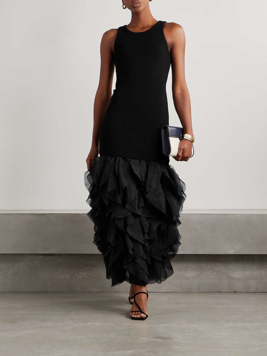 elations ribbed-knit and ruffled organza maxi dress