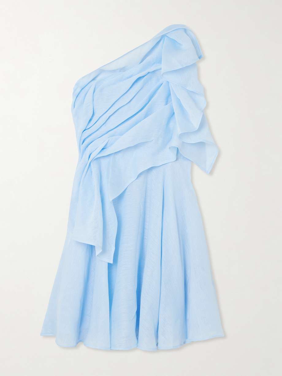 genesis one-shoulder ruffled shirred muslin mini dress