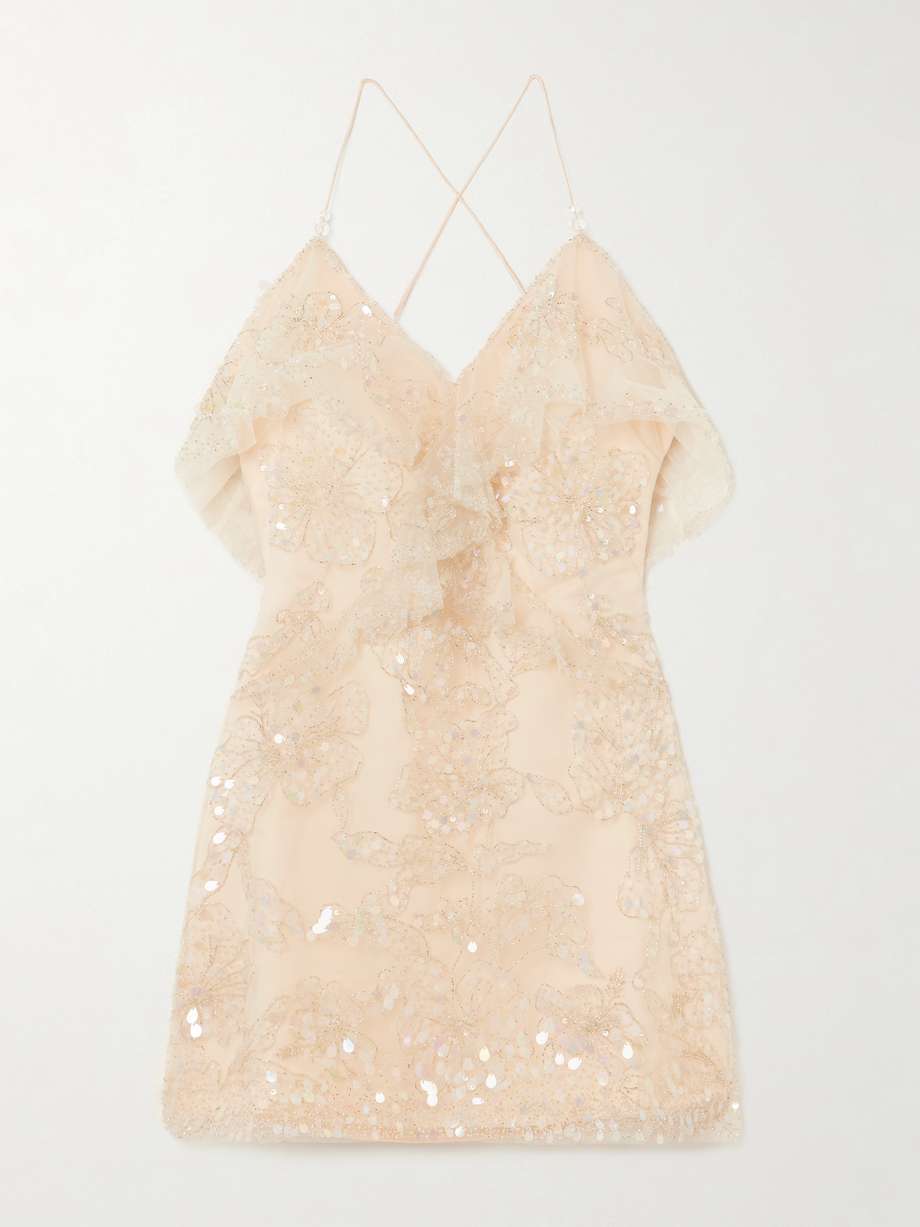 iridescence ruffled beaded tulle mini dress
