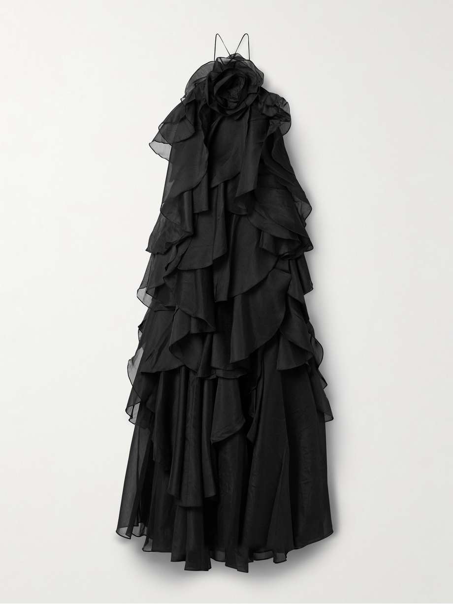 pandorea appliquéd ruffled organza gown