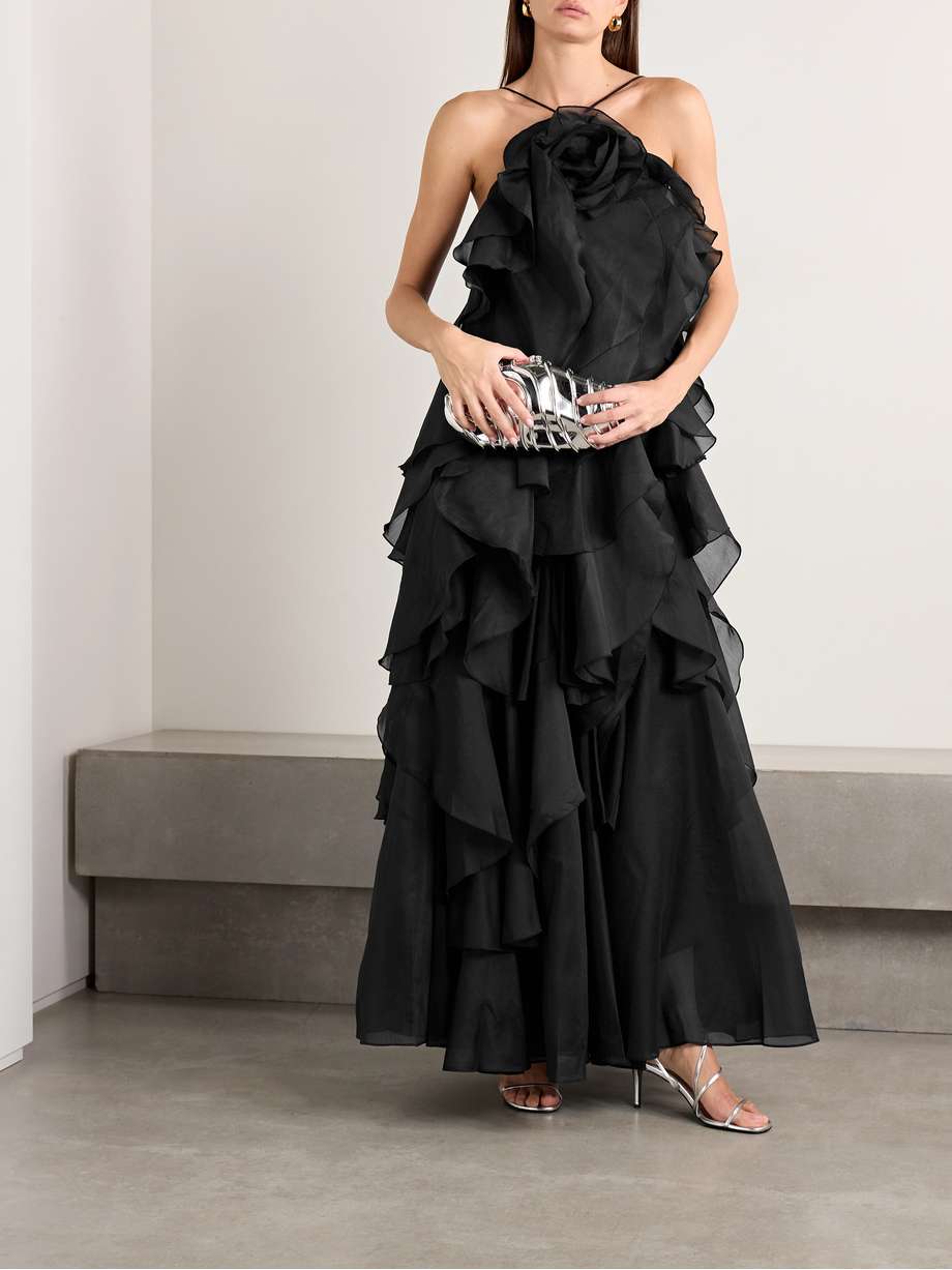pandorea appliquéd ruffled organza gown