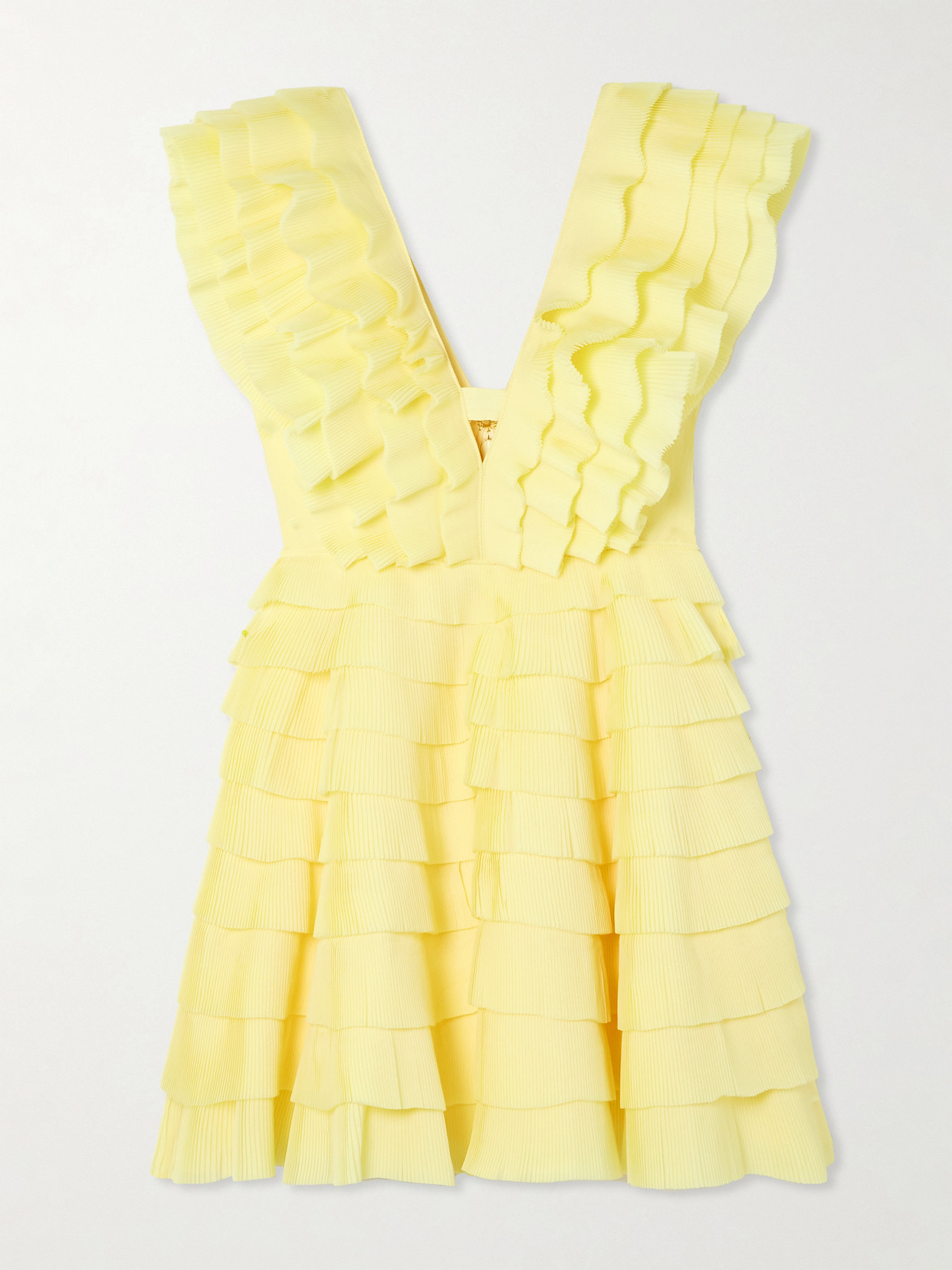 Aje Reflection Tiered Ruffled Plissé-crepe Mini Dress In Yellow