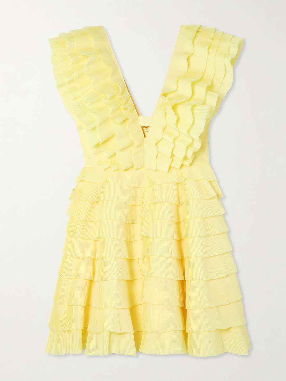 reflection tiered ruffled plissé-crepe mini dress