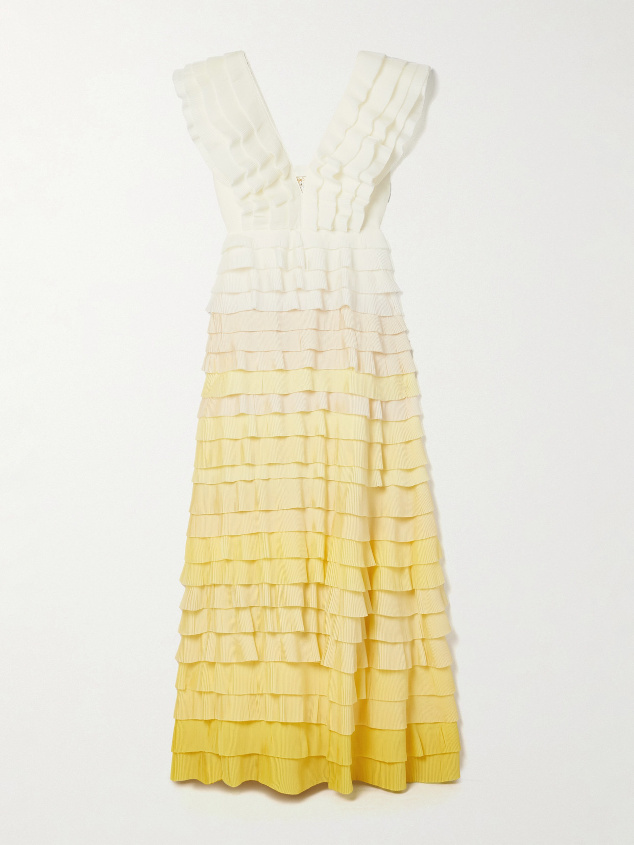 Aje Reflection Ruffled Ombré Plissé-organza Maxi Dress In Yellow