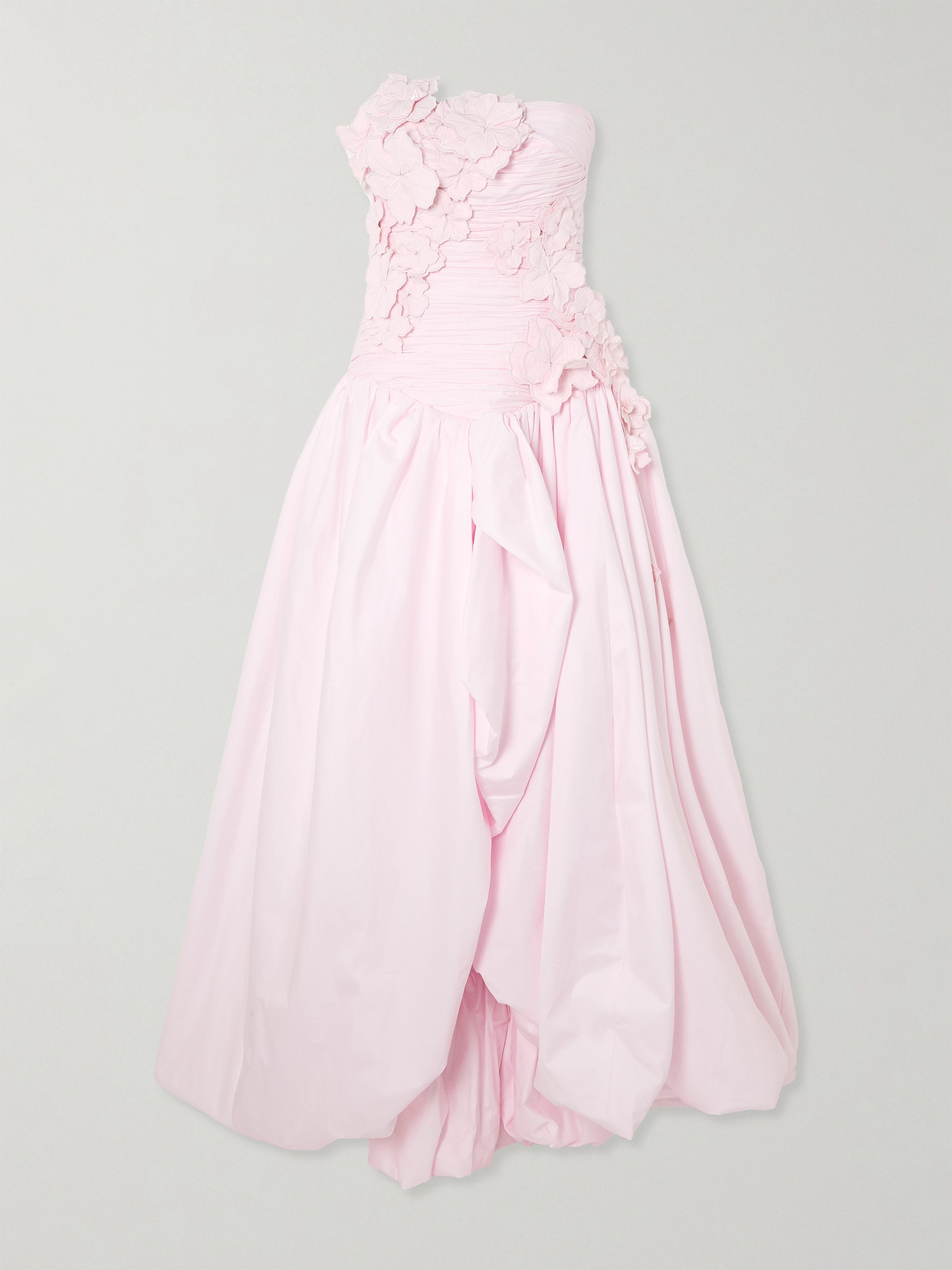 Aje Splendour Strapless Appliquéd Gathered Cotton-poplin Gown In Pink