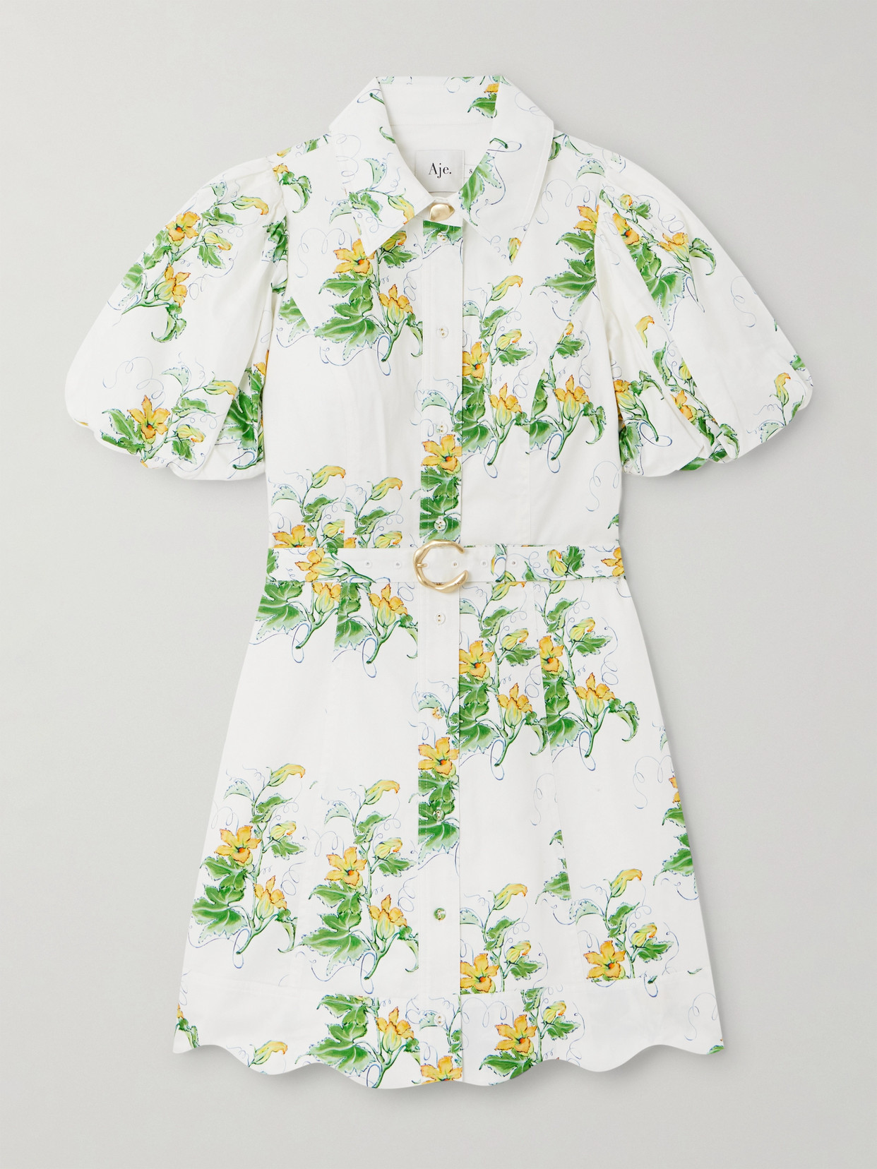 Aje Demi Belted Floral-print Cotton-poplin Mini Shirt Dress In White