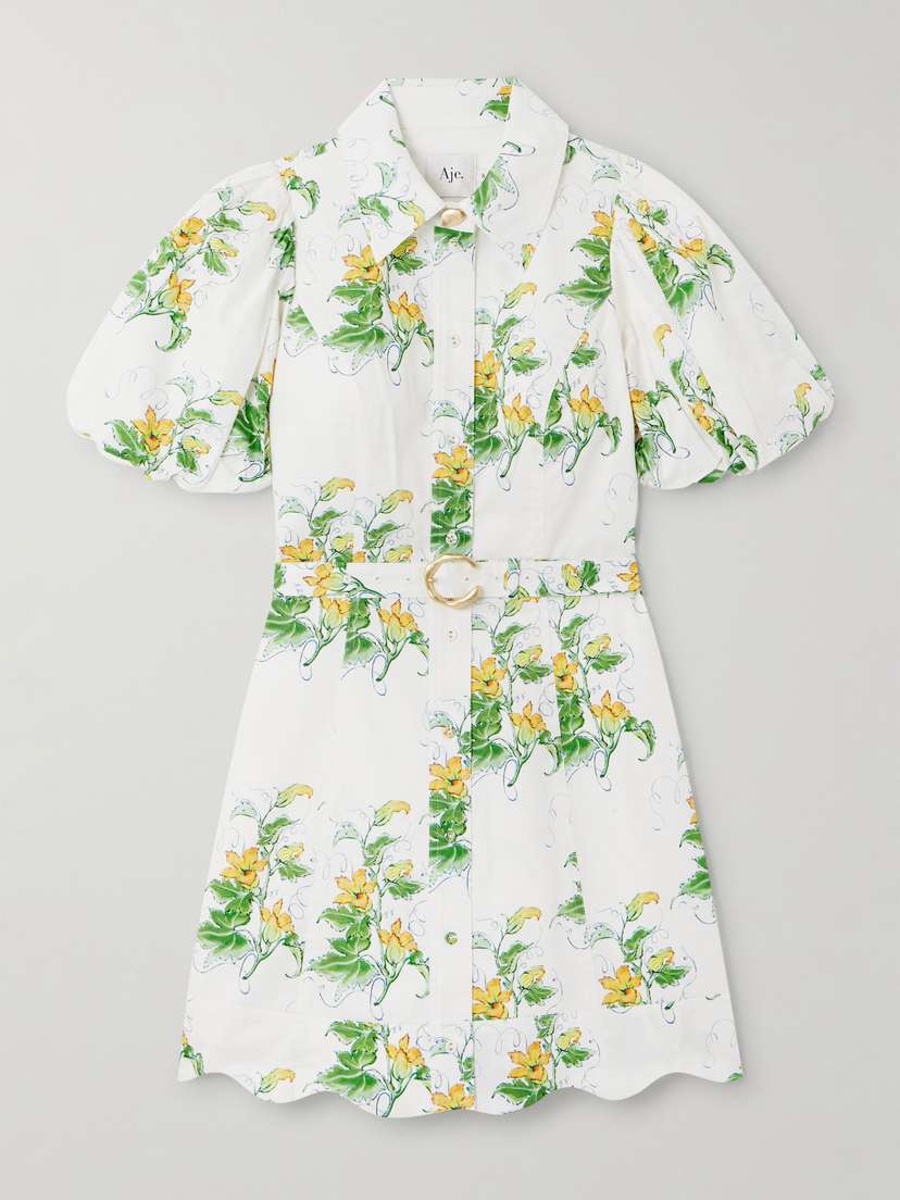 Aje Demi Belted Floral-print Cotton-poplin Mini Shirt Dress