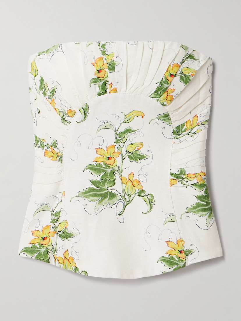 Aje Otta Strapless Pleated Floral-print Linen-blend Bustier Top