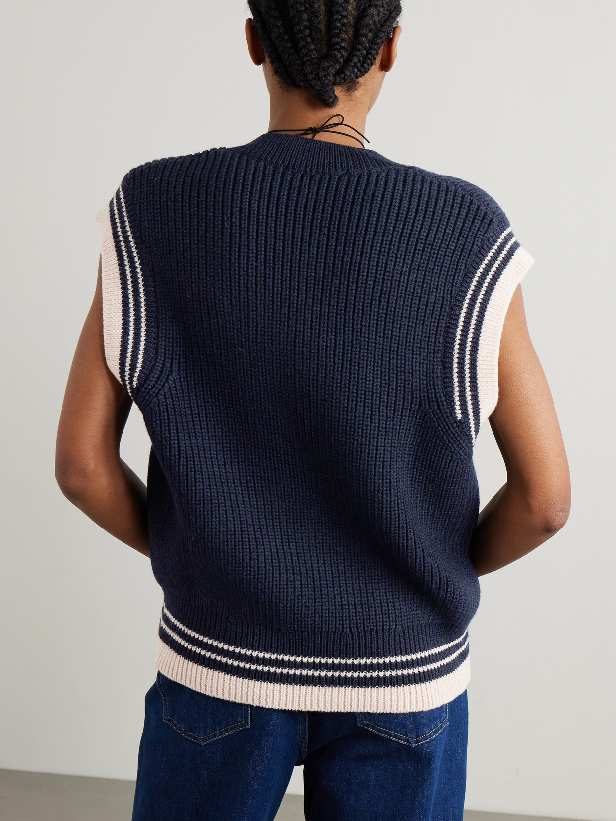 Ami Alexandre Mattiussi Oversized Embroidered Striped Ribbed Wool Tank In Blue