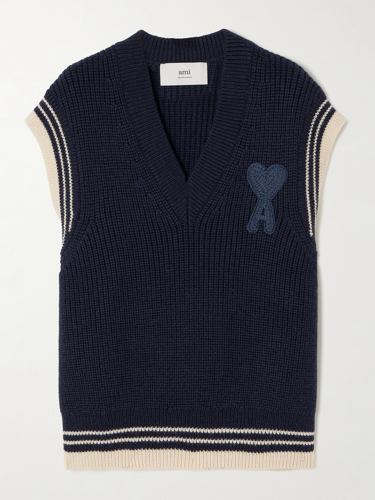 Ami Alexandre Mattiussi Oversized Embroidered Striped Ribbed Wool Tank In Blue