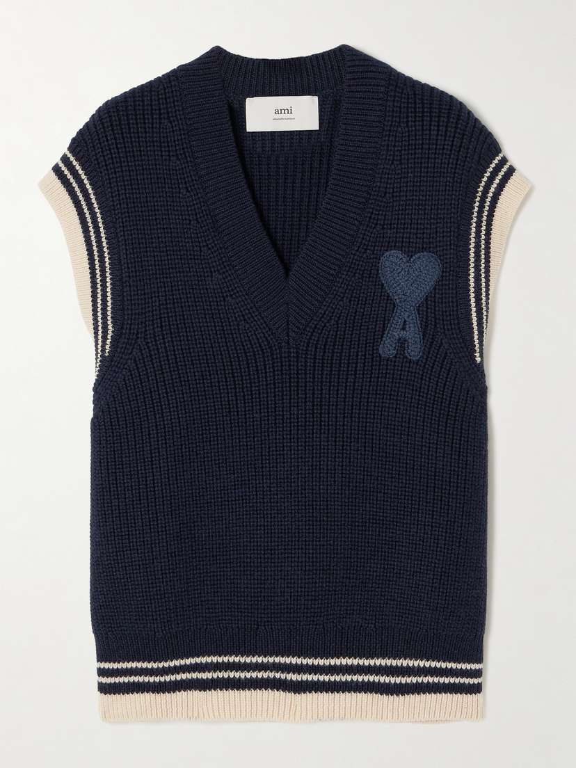 AMI PARIS Oversized Embroidered Striped Ribbed Wool Tank