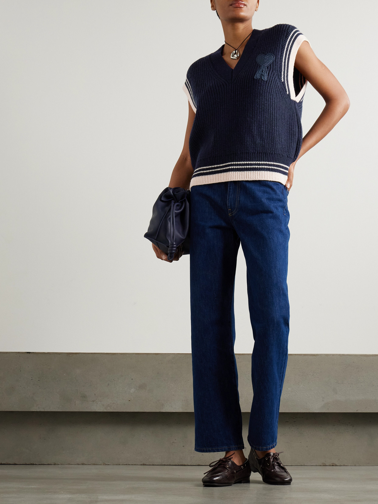 Ami Alexandre Mattiussi Oversized Embroidered Striped Ribbed Wool Tank In Blue