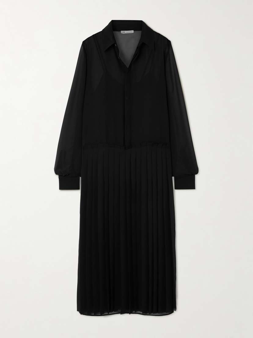 AMI PARIS Pleated Crepe Midi Shirt Dress